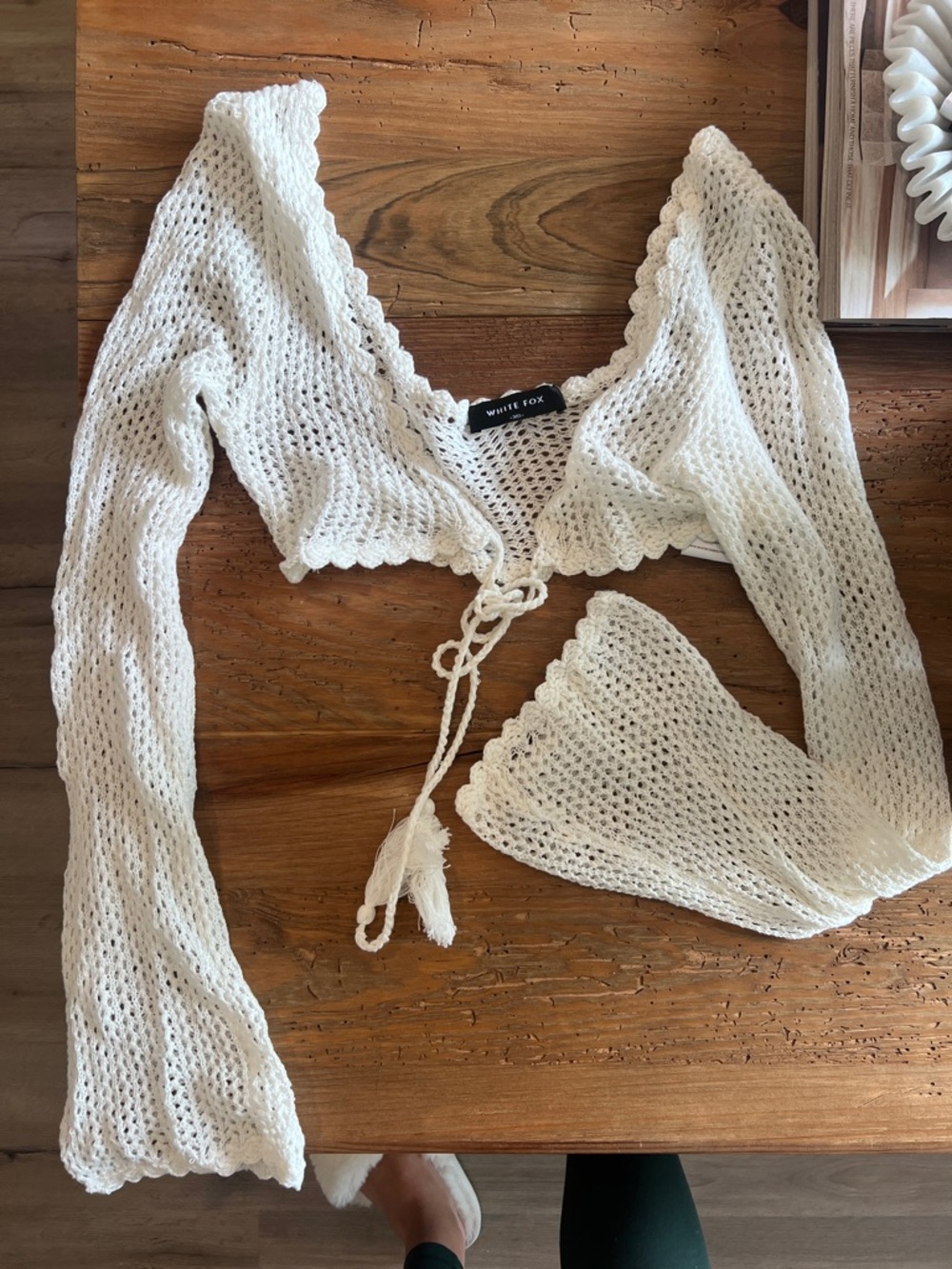 White Fox Boutique Ivory Crochet Long Sleeve Crop Top